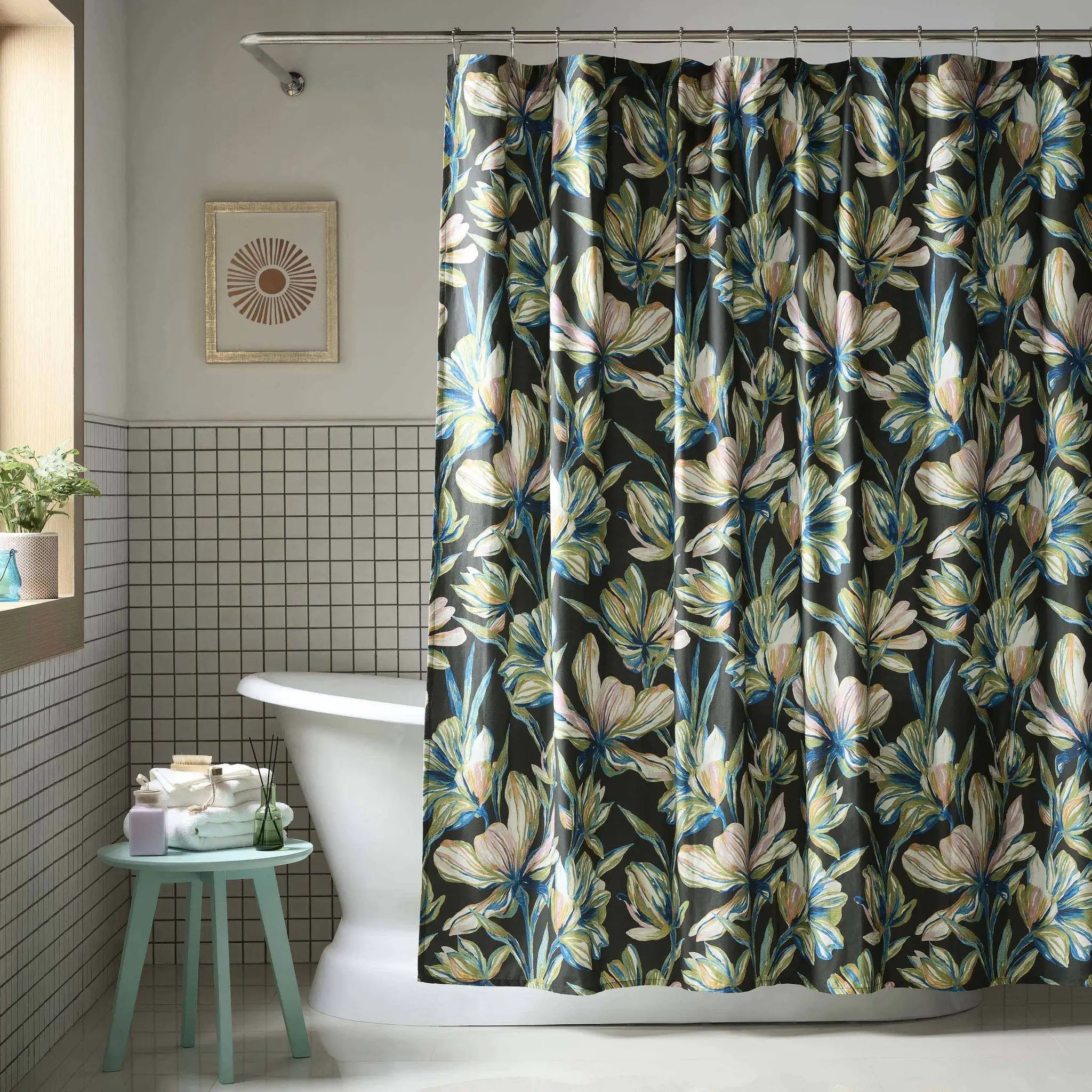 Floral-patterned shower curtain in a bathroom setting