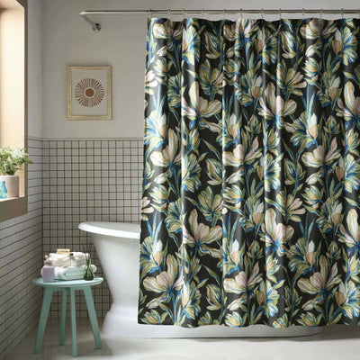 Floral-patterned shower curtain in a bathroom setting