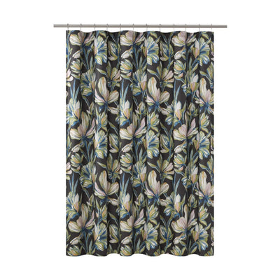 A shower curtain featuring an all-over botanical floral pattern with cream, beige, and light blue flowers on a dark charcoal background, hanging from a silver metal rod against a plain white studio background.