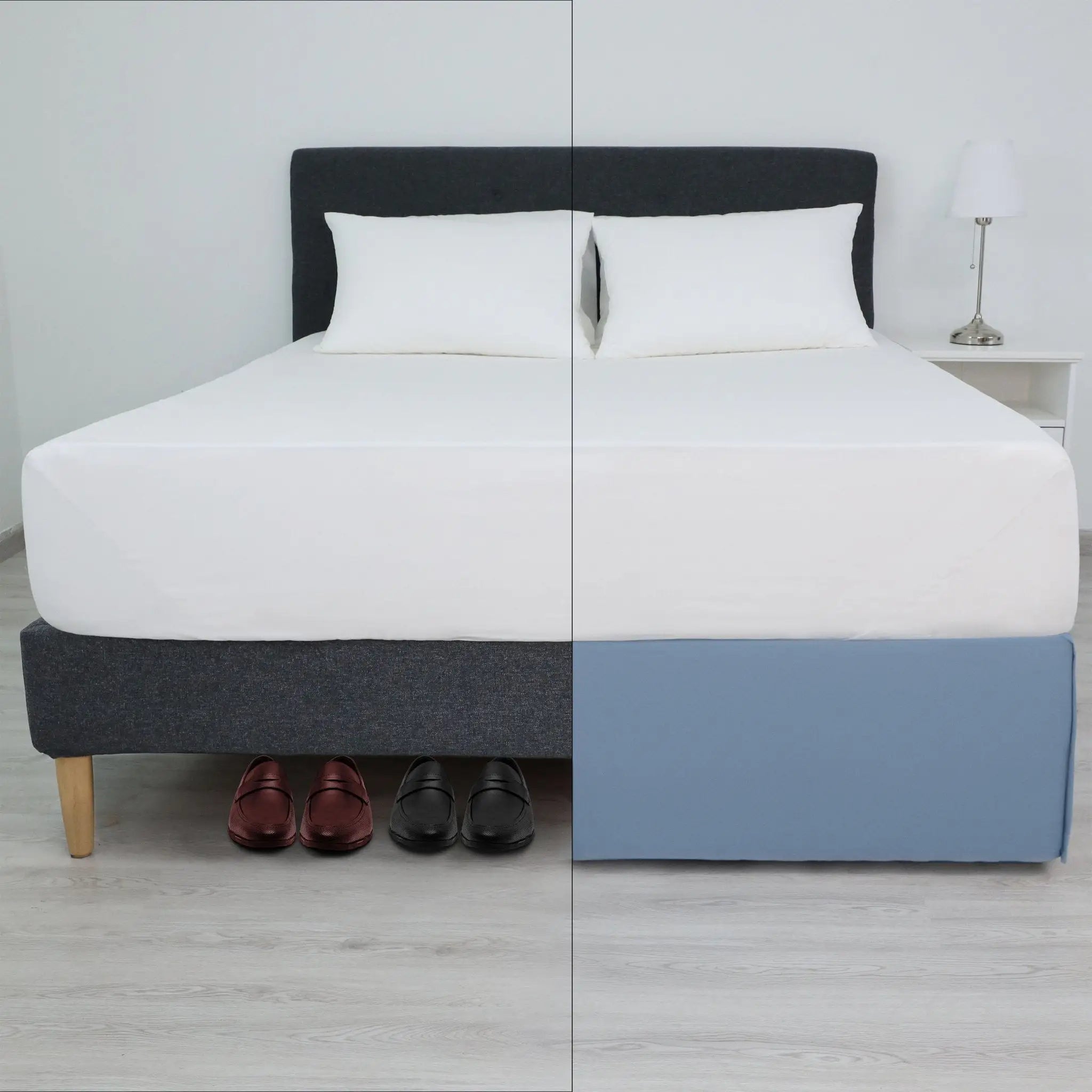 A split-screen, showing left side without bed skirt and right side with blue bed skirt. 