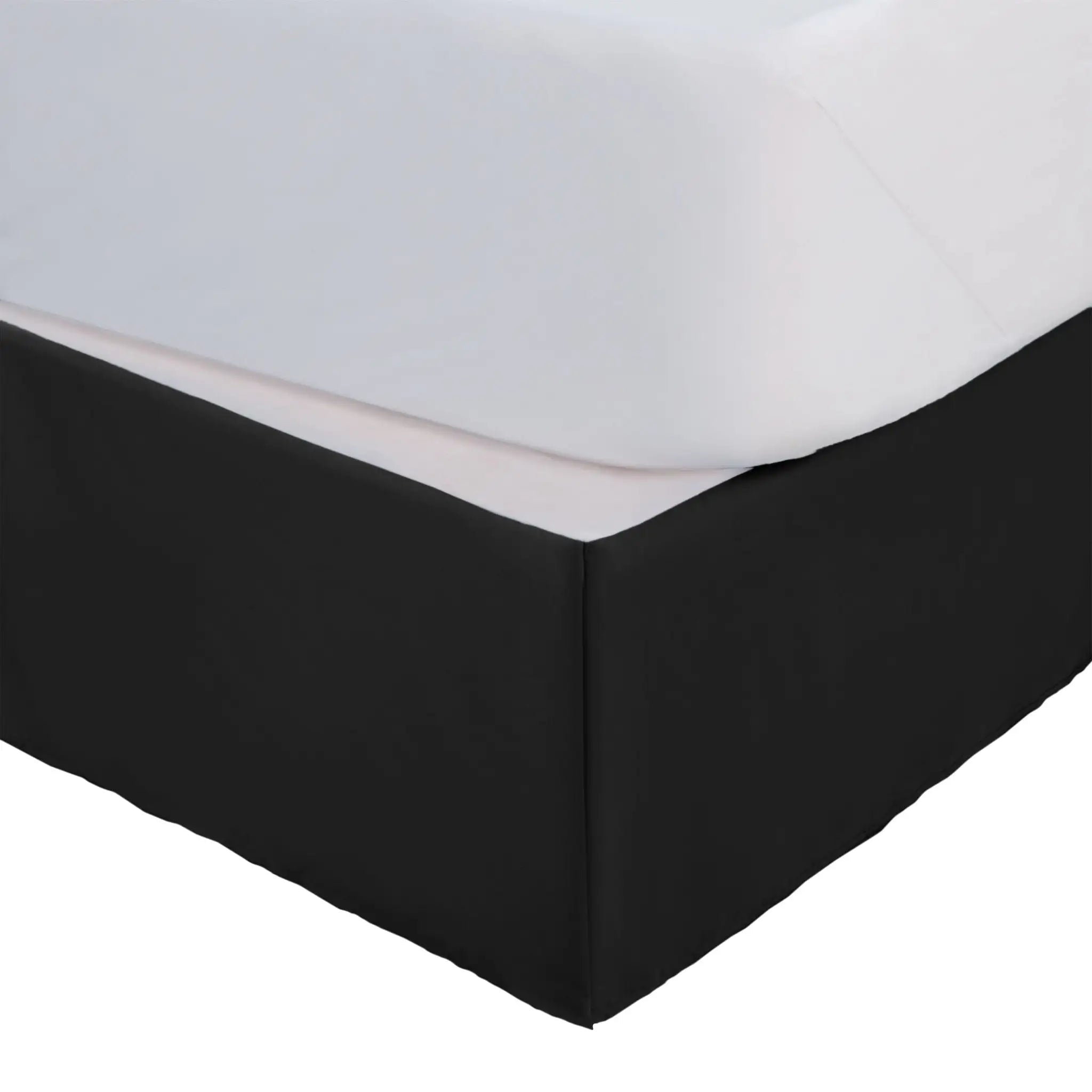A close-up of a bed frame with a fitted black bed skirt, shown against a plain white background.