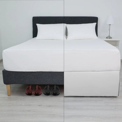 A split-screen, showing left side without bed skirt and right side with white bed skirt. 
