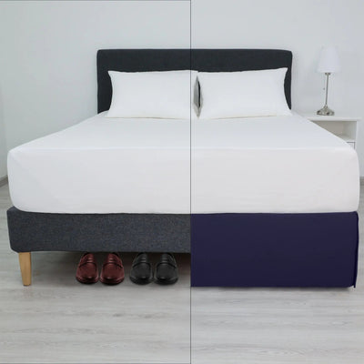 A split-screen, showing left side without bed skirt and right side with navy bed skirt. 