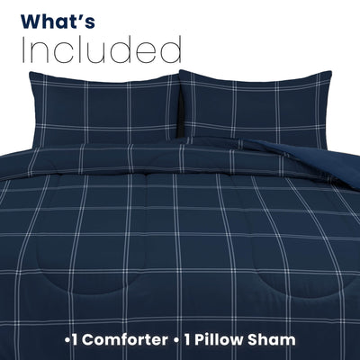 Navy blue checkered comforter set on a white background indicating included items.