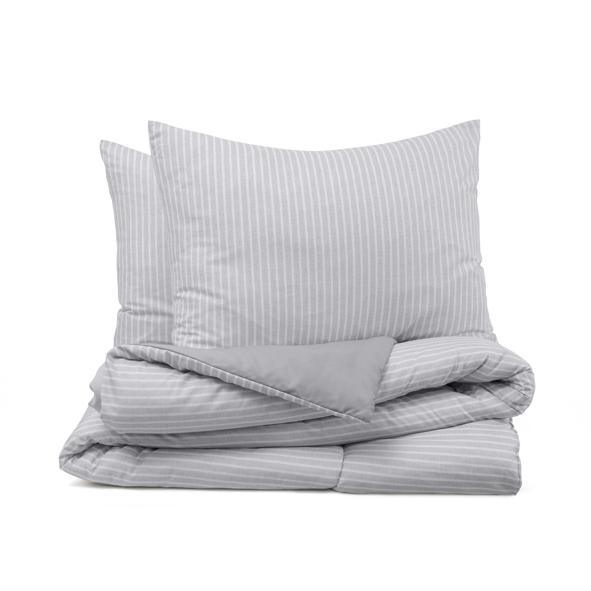 Gray striped comforter set on a white background