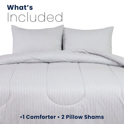 Gray striped comforter and pillow shams set on a white background with text indicating included items.
