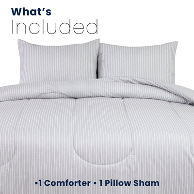 Gray striped comforter and pillow shams set on a white background with text indicating included items.
