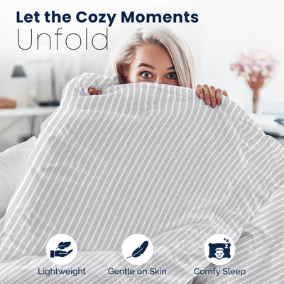 Woman holding a comforter with text 'Let the Cozy Moments Unfold' and icons for 'Lightweight', 'Gentle on Skin', and 'Comfy Sleep'.