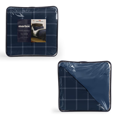 Packaged blue comforter with Martex branding on a white background