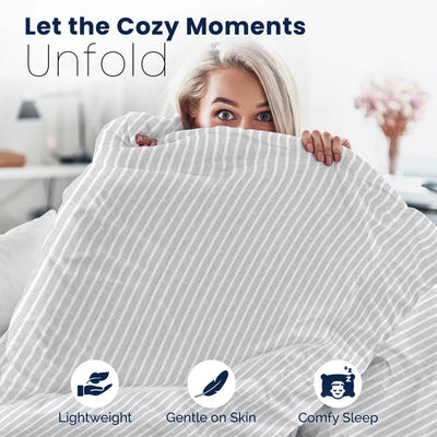 Woman holding a comforter with text 'Let the Cozy Moments Unfold' and icons for 'Lightweight', 'Gentle on Skin', and 'Comfy Sleep'.