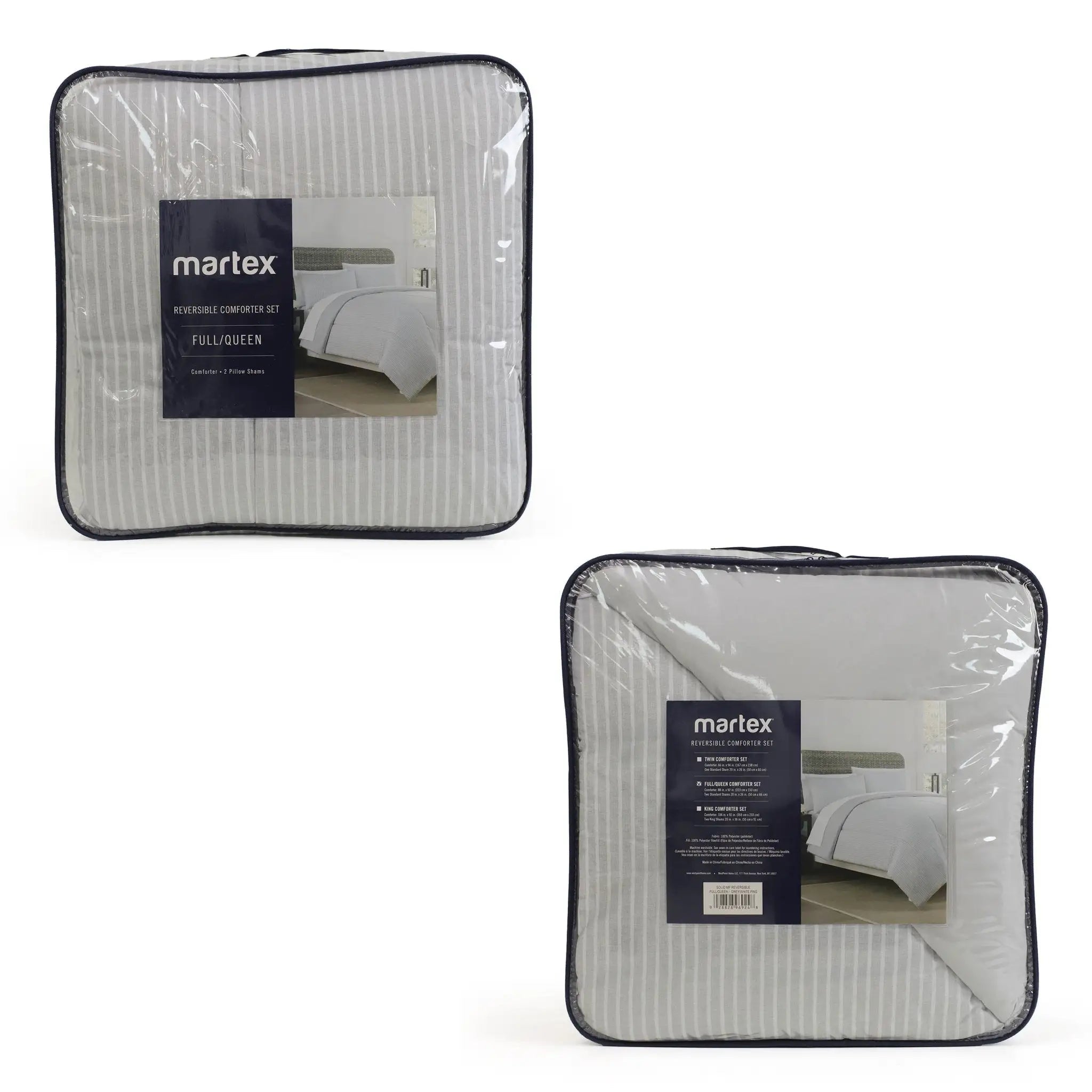 Two packages of Martex comforter set on a white background