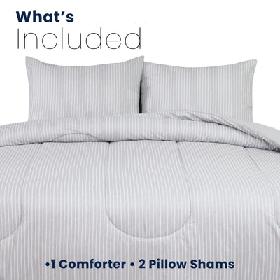 A bedding set shown on a bed with two striped pillow shams and a matching comforter. The image includes text reading 'What's Included' and '1 Comforter • 2 Pillow Shams' on a white background.