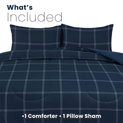 A navy-blue comforter set with two matching pillow shams featuring a white windowpane plaid pattern, shown with 'What's Included' and '1 Comforter and 1 Pillow Shams' text overlays on a white background.