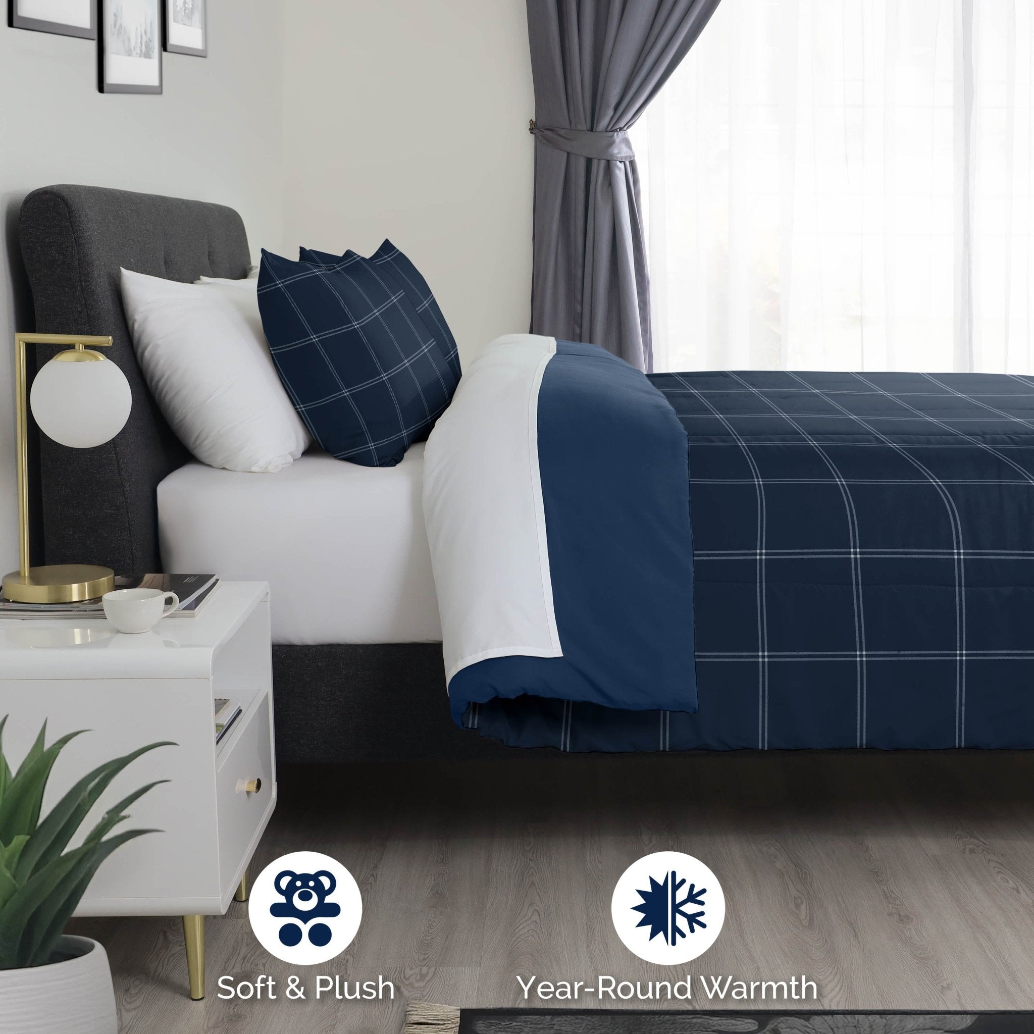Bedroom with a bed covered in blue and white checkered bedding.