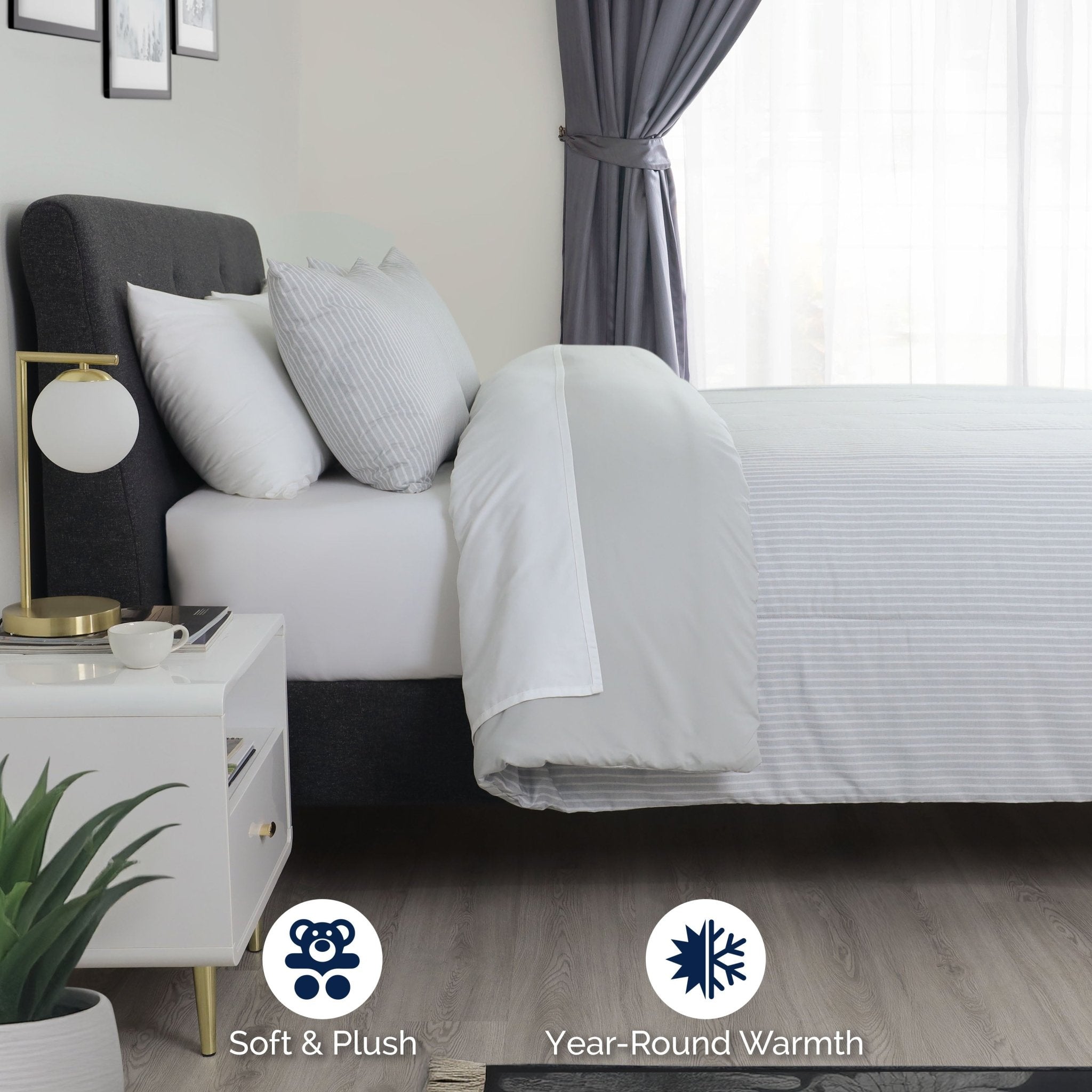 Bedroom with gray bedding, featuring text 'Soft & Plush' and 'Year-Round Warmth'.