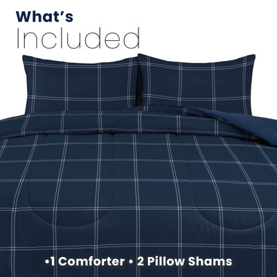 Navy blue checkered comforter set on a white background indicating included items.