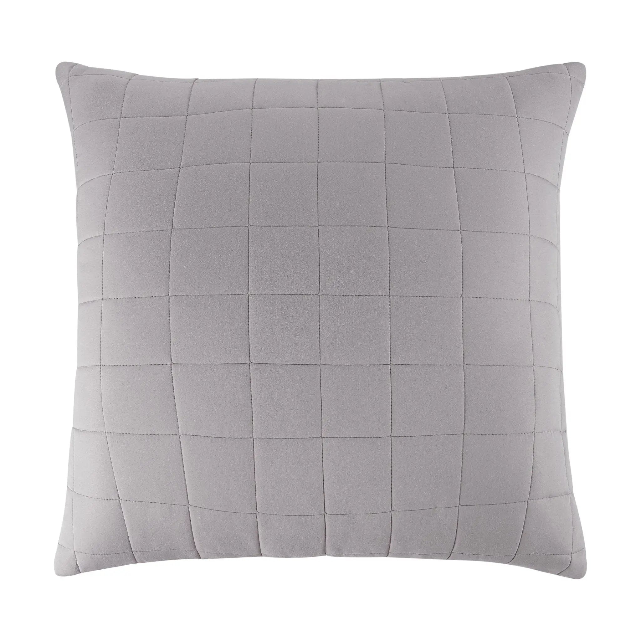 A square light gray throw pillow with a subtle grid-quilted pattern, shown against a plain white background.