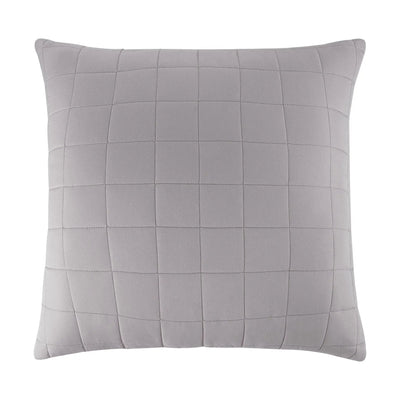 A square light gray throw pillow with a subtle grid-quilted pattern, shown against a plain white background.