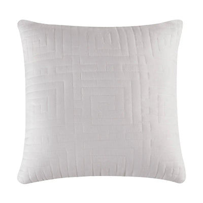 A square grey throw pillow with a raised geometric Greek key pattern, shown against a plain white background.