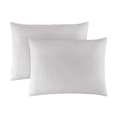 Two grey quilted pillowcases with a geometric Greek key pattern, shown on a solid white background.
