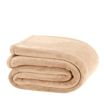 A folded beige fleece blanket with a soft, plush texture, photographed on a clean white background.