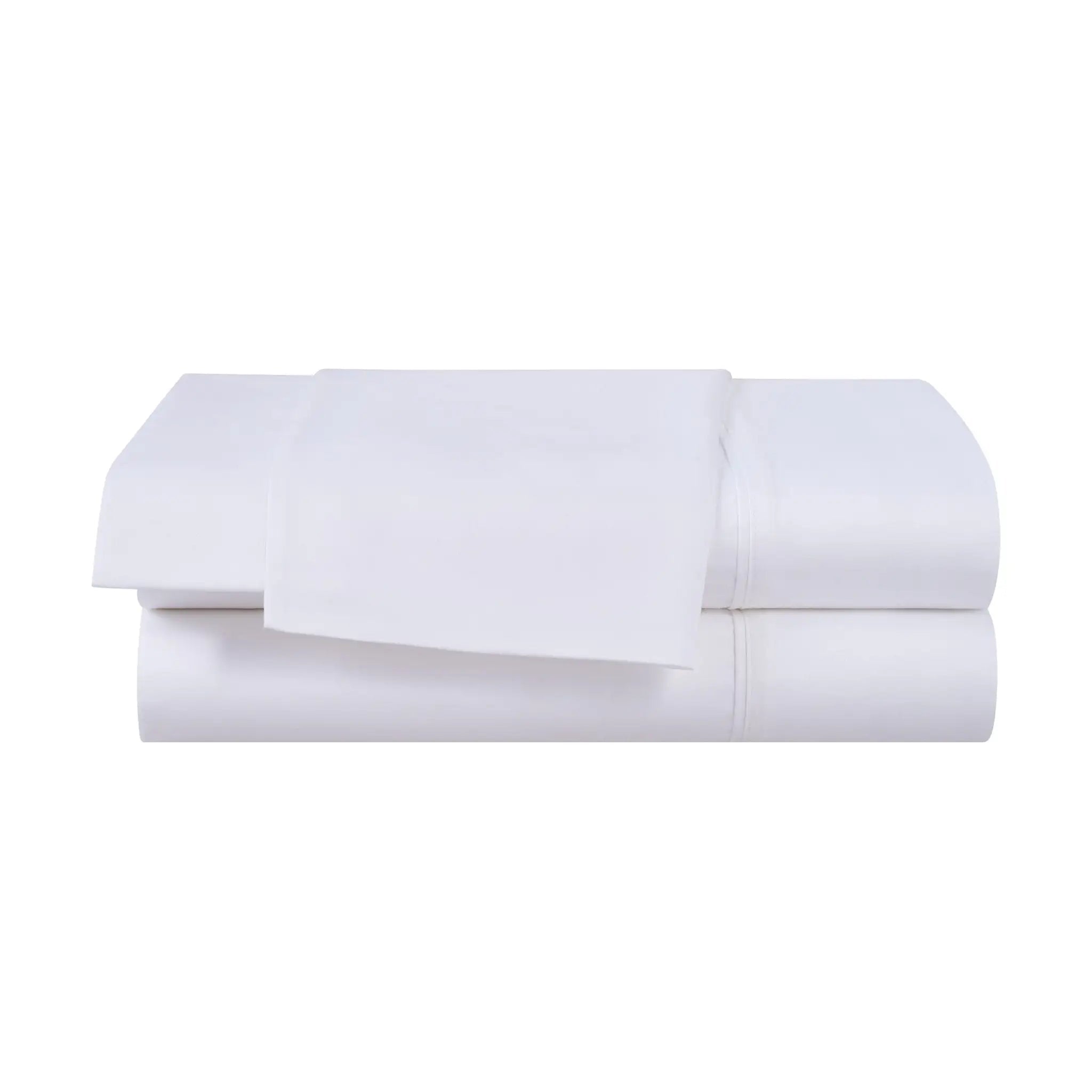 A neatly folded stack of white bedding, likely a sheet set or folded duvet cover, shown against a solid white background.