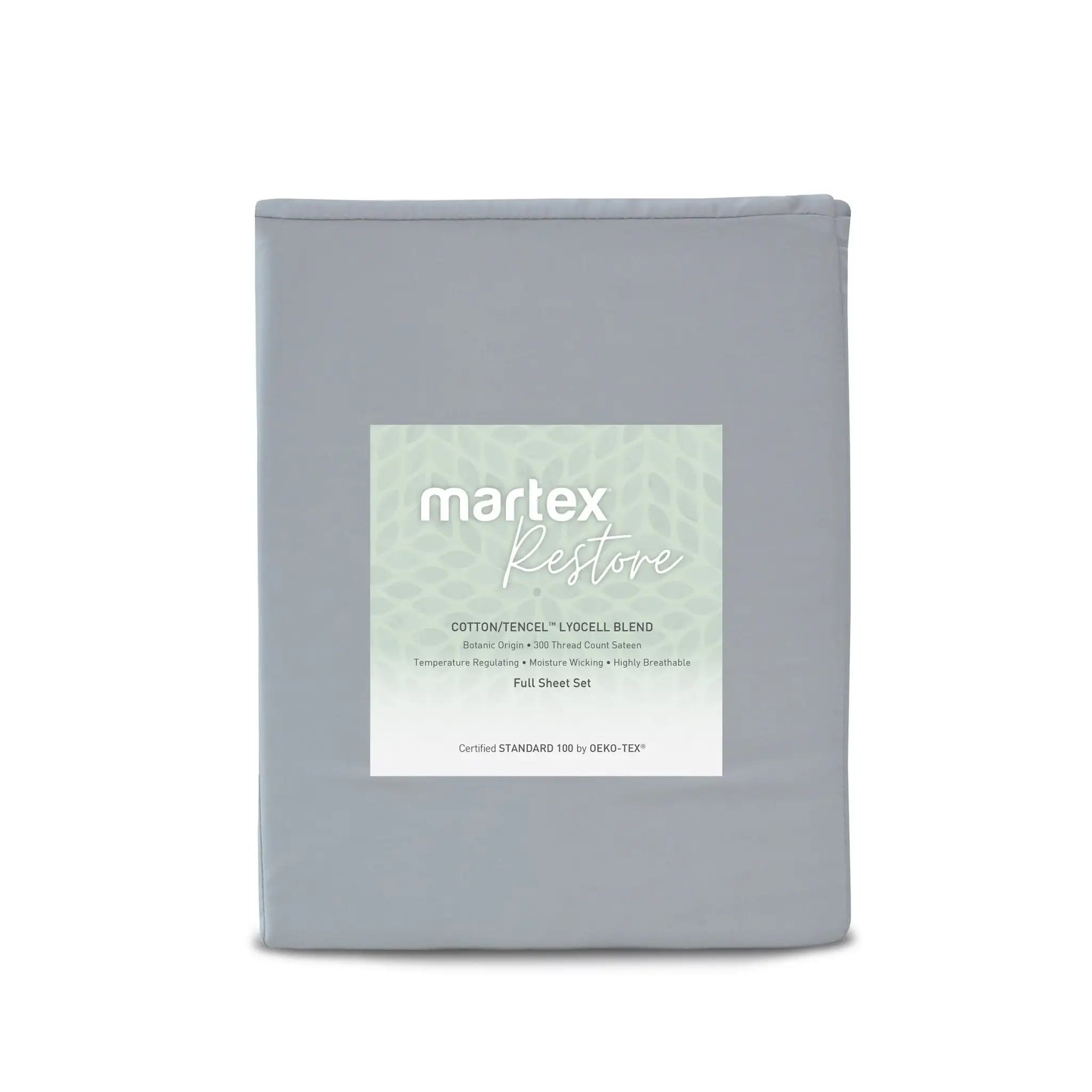 A folded gray bedding sheet set package with a white and pale green Martex Restore label, shown against a plain white background.