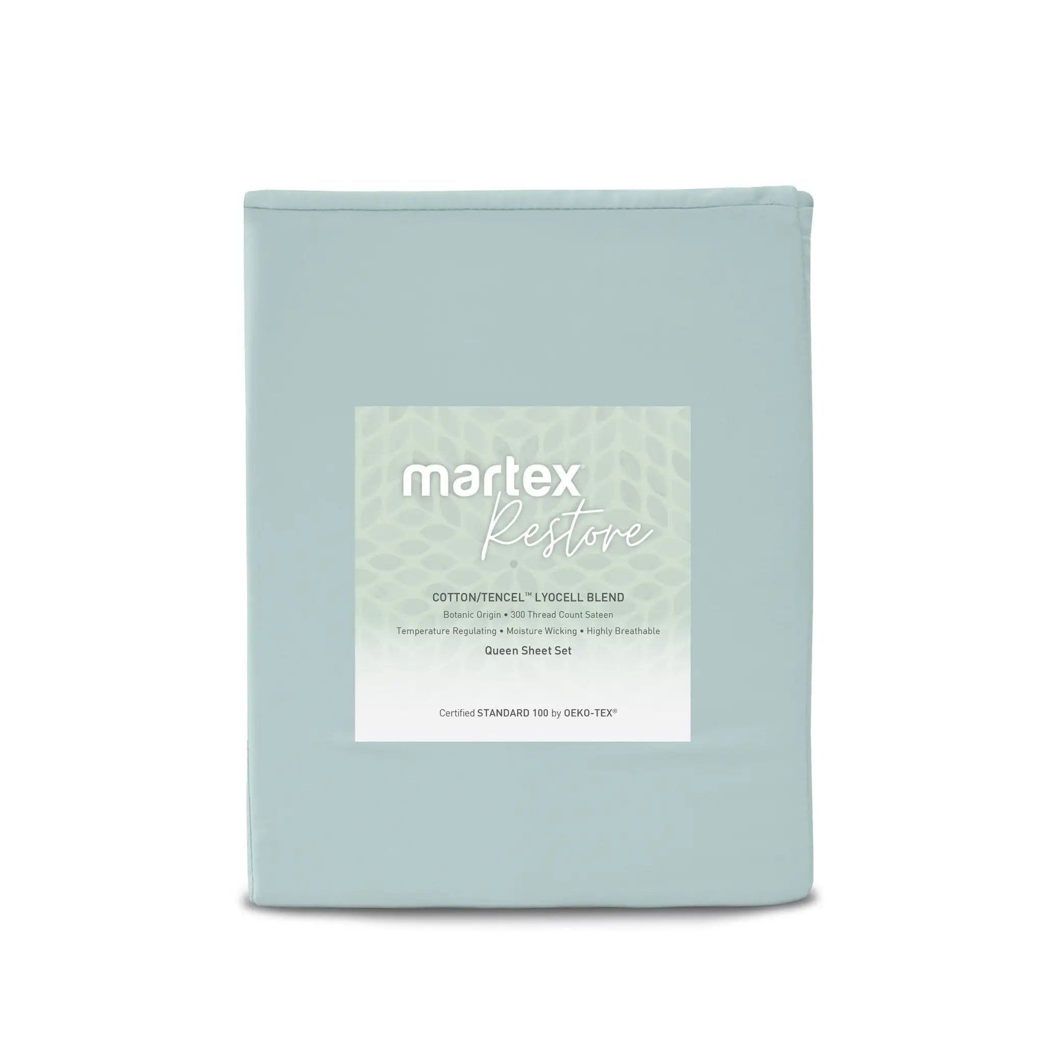 A folded light blue sheet set in a soft dust bag with a white label reading 'martex Restore' on a clean white background.