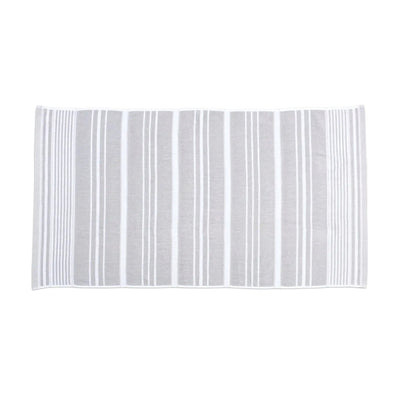 A rectangular striped, grey bath towel, shown flat against a plain white background.