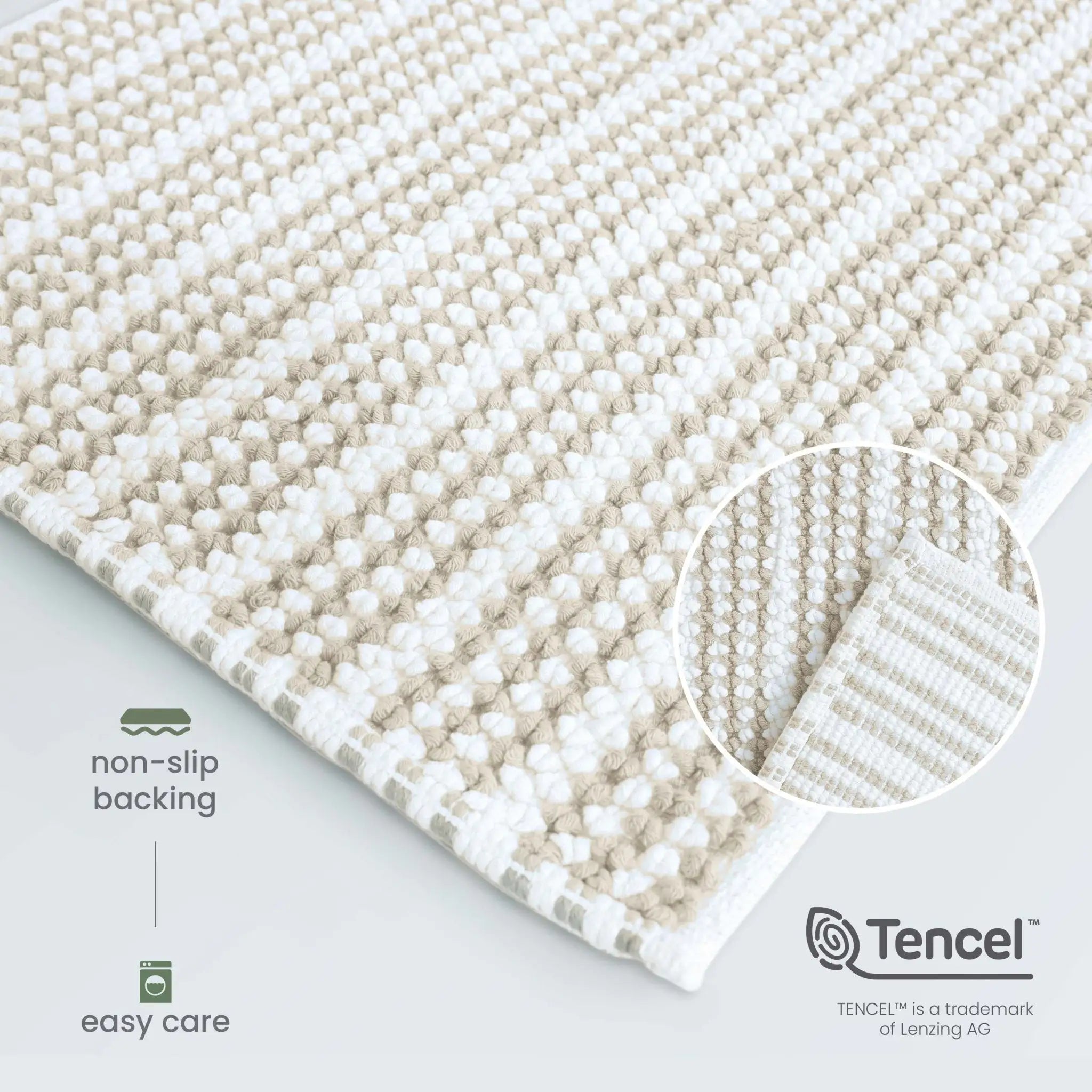 A close-up of a textured sand bath rug with a circular inset showing the woven detail, on a light gray background with 'non-slip backing' and 'easy care' callouts and the Tencel logo.
