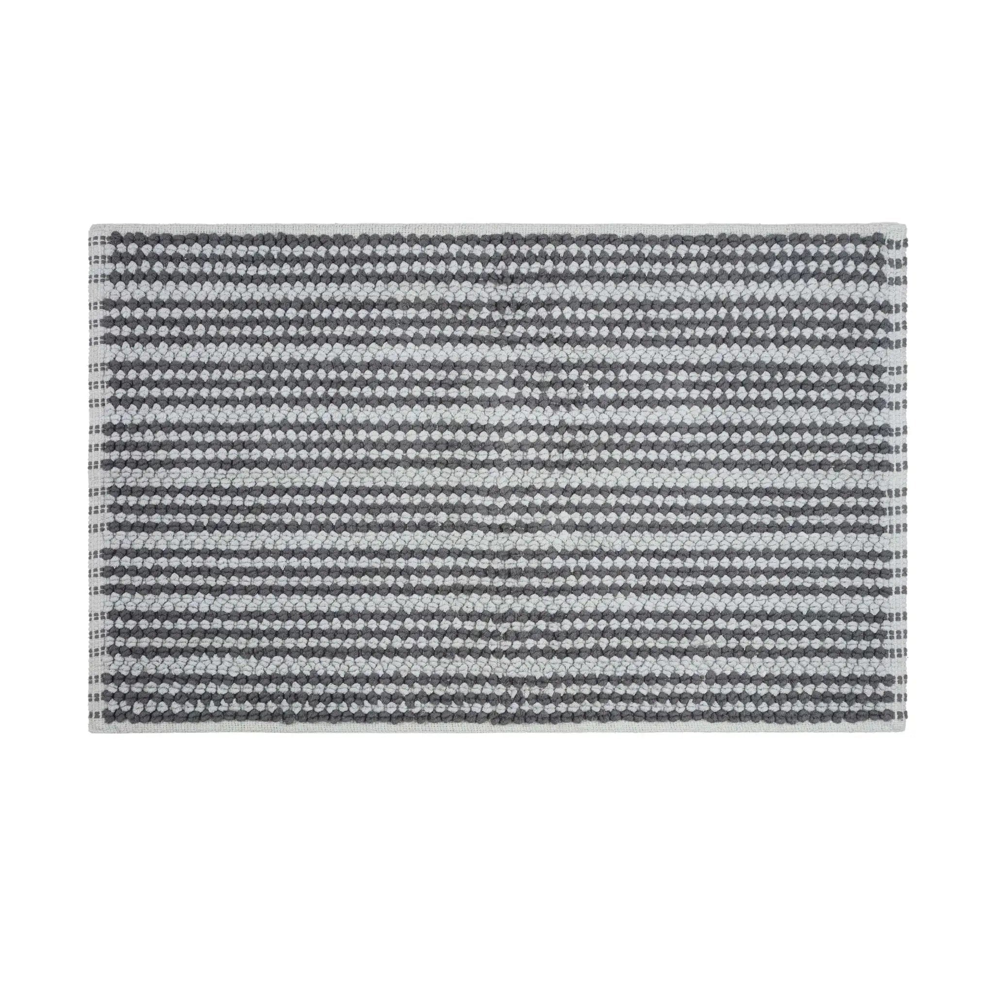 A rectangular charcoal bath rug with horizontal stripes shown flat against a solid white background.