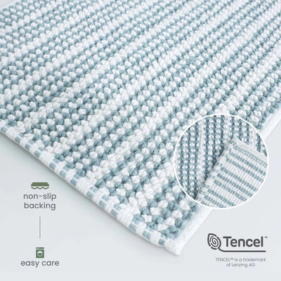 A close-up of a mineral bathmat. Text overlays highlight 'non-slip backing' and 'easy care', with the Tencel brand logo visible in the bottom right corner.