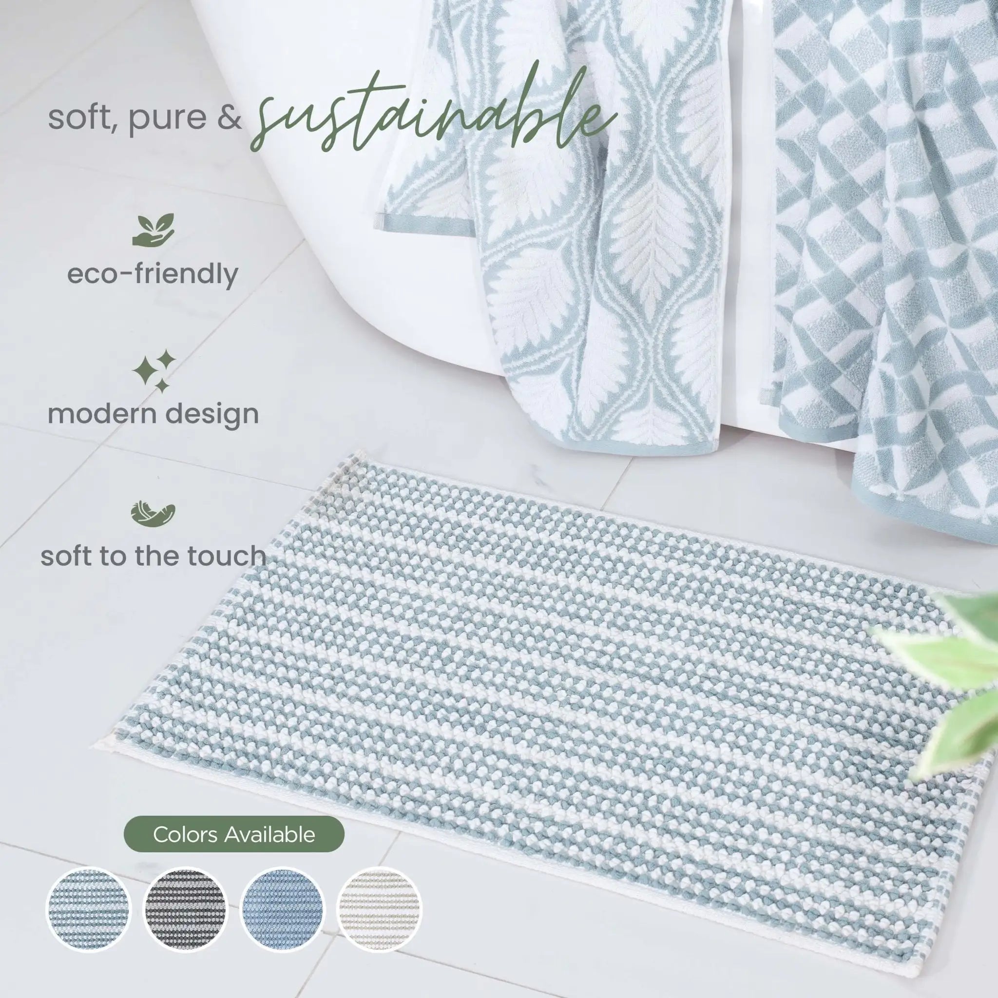 A mineral bath rug next to a bathtub with matching patterned towels. Text overlays describe the product as soft, pure, and sustainable, with color swatches shown at the bottom.