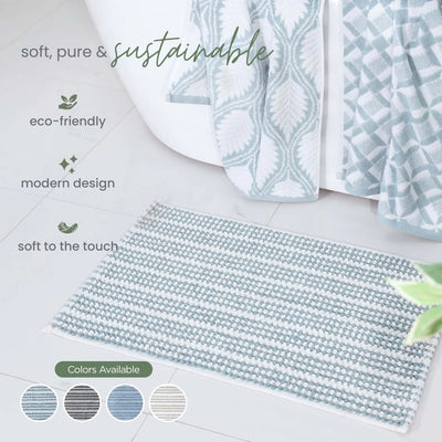 A mineral bath rug next to a bathtub with matching patterned towels. Text overlays describe the product as soft, pure, and sustainable, with color swatches shown at the bottom.