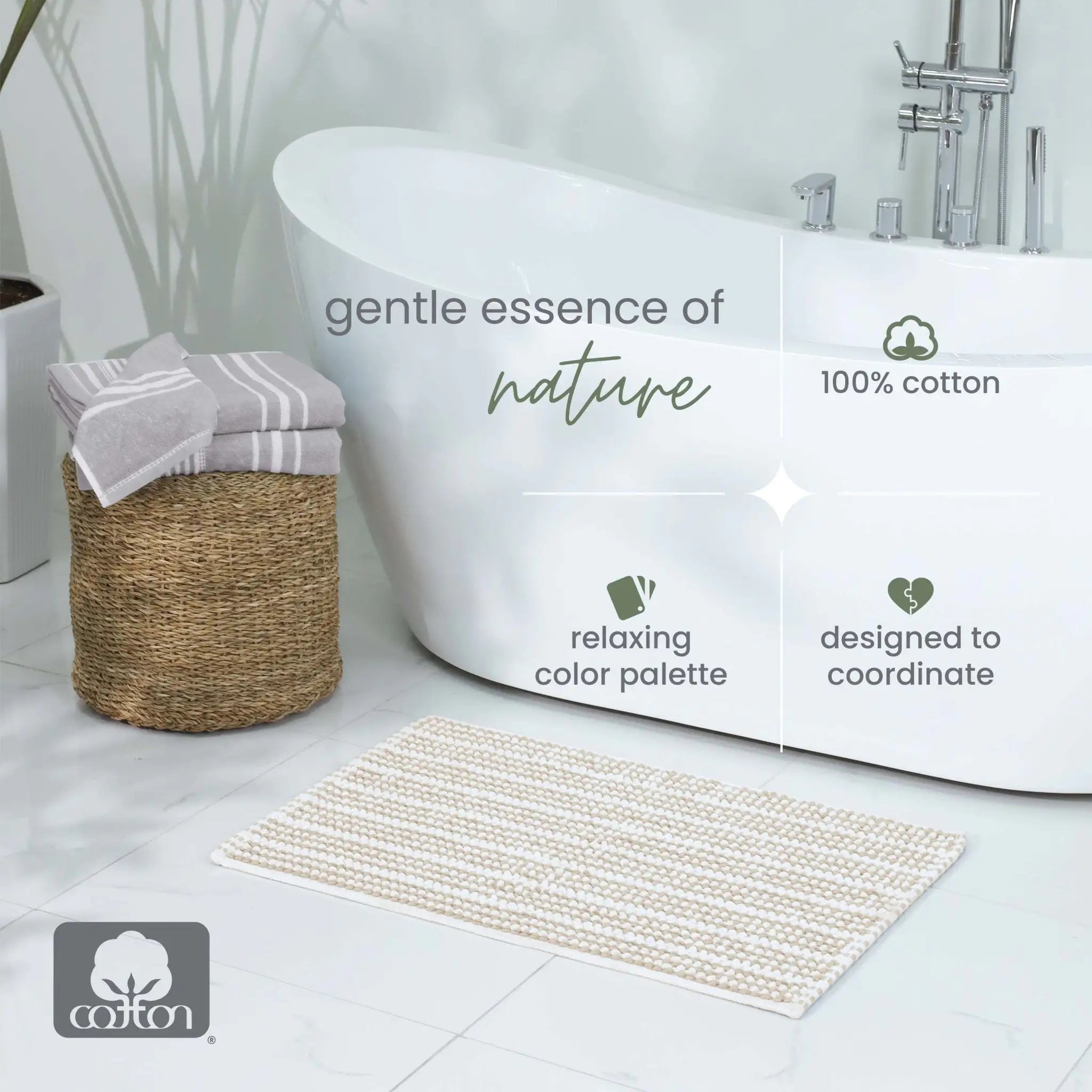 A sand bath rug in a bright bathroom, with overlaid text highlighting natural cotton material and color coordination.