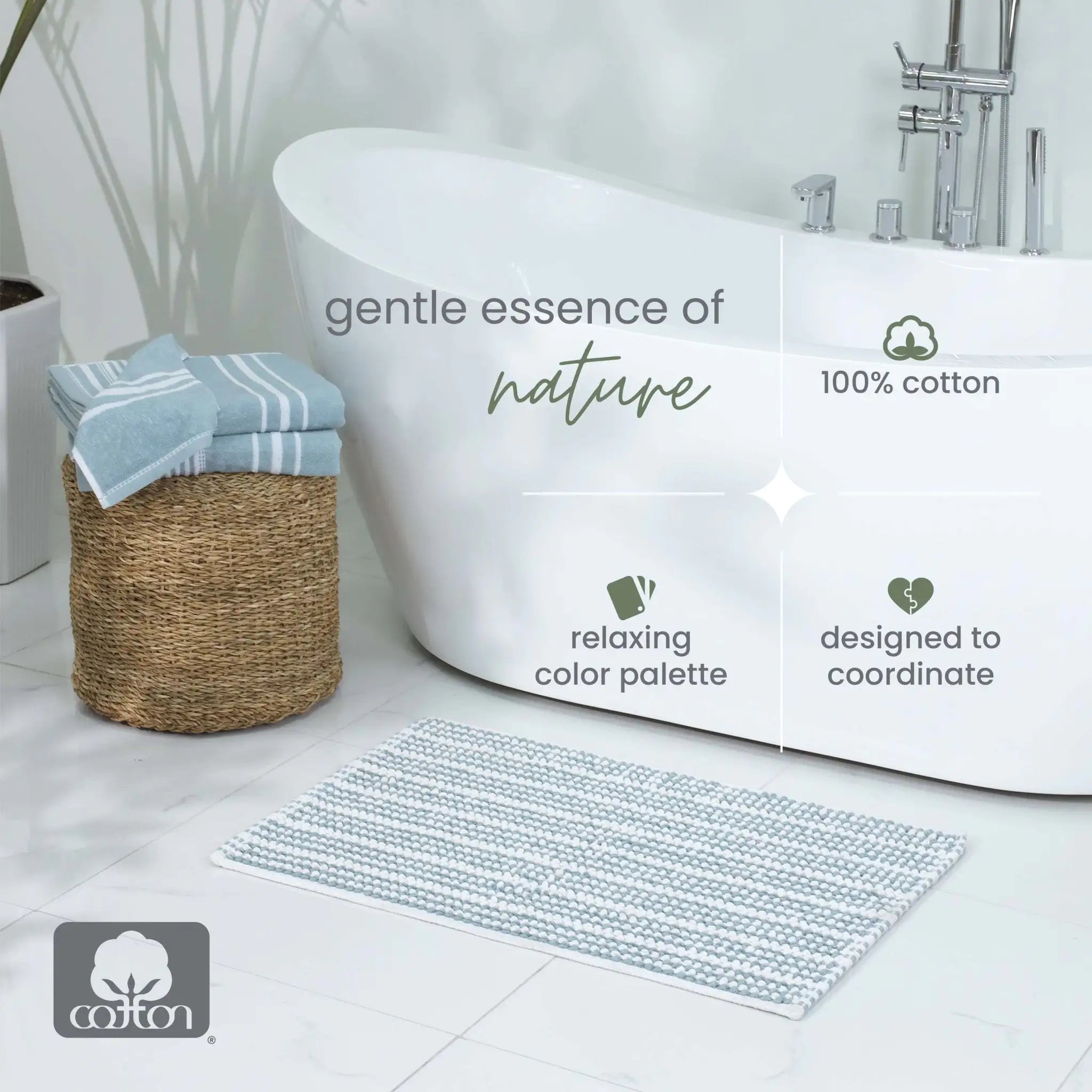 A mineral bath rug in a bright bathroom setting next to a white freestanding bathtub, with text overlays describing its soft cotton texture and coordinating color palette.