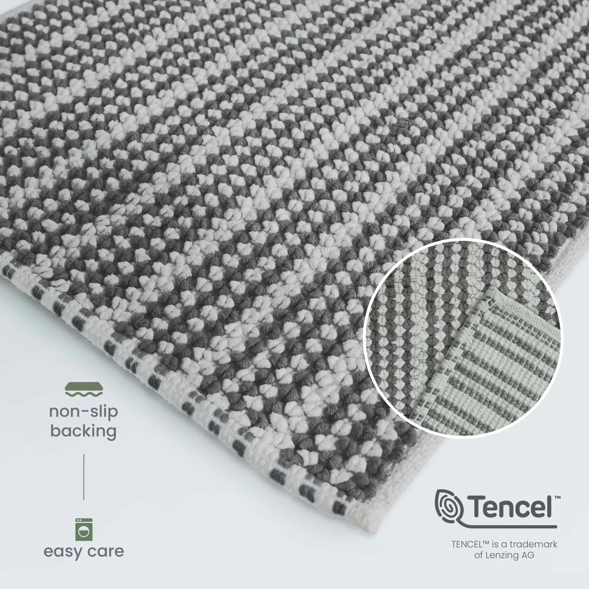 A close-up of a charcoal textured rug with a circular inset showing the woven pattern. The image includes text callouts for 'non-slip backing' and 'easy care' along with the Tencel brand logo.