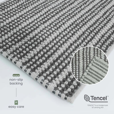 A close-up of a charcoal textured rug with a circular inset showing the woven pattern. The image includes text callouts for 'non-slip backing' and 'easy care' along with the Tencel brand logo.