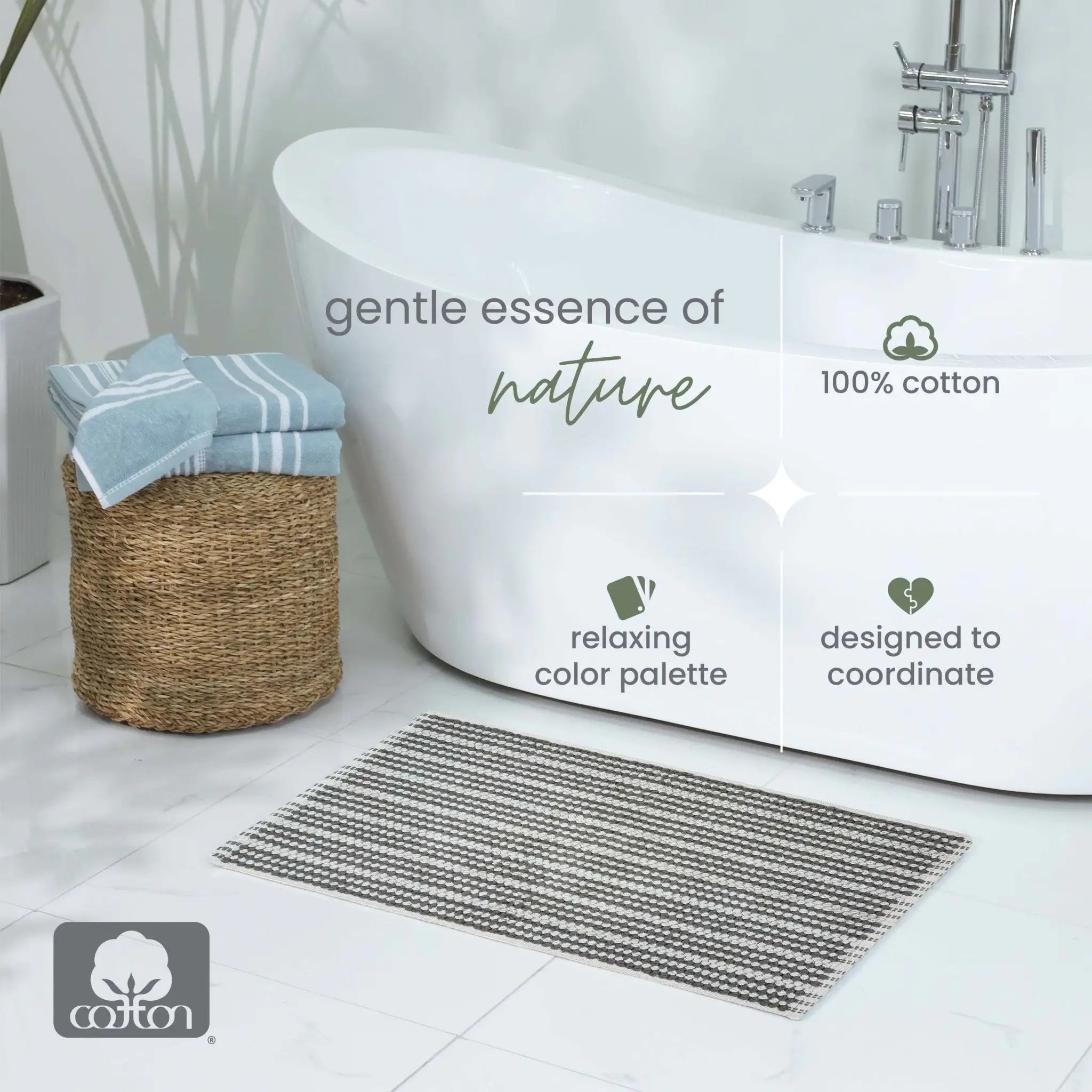 Bathroom setting with a charcoal bath rug, basket, and bathtub, featuring text about cotton and product features.