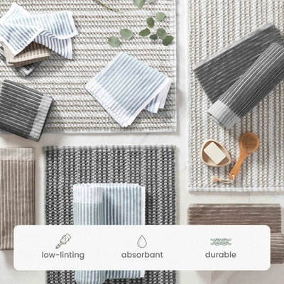 A flat-lay product display of textured, low-linting bath rugs on a light marble background with a white informational banner at the bottom detailing product features.