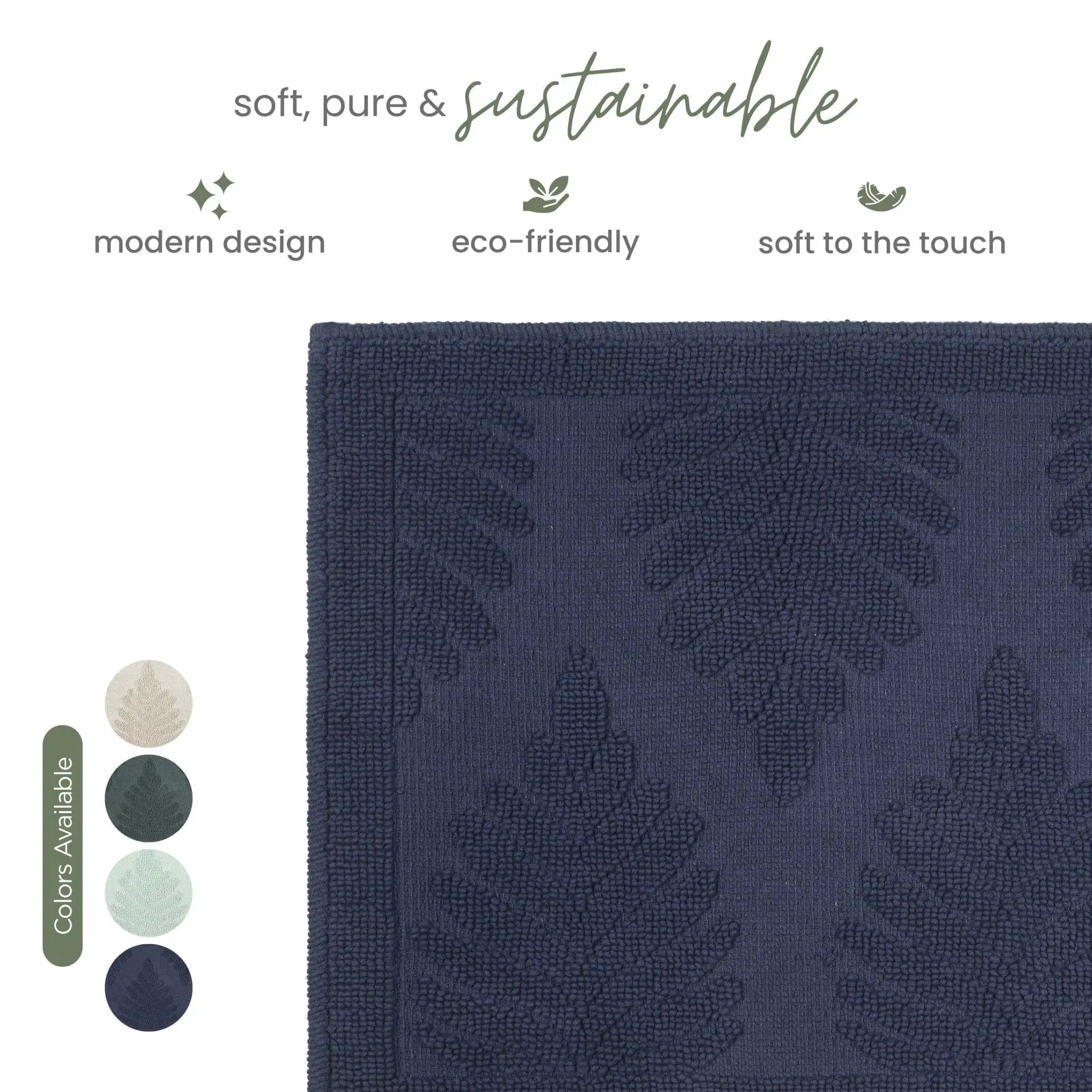 A close-up of a textured navy rug with a raised leaf pattern, shown on a white background with marketing text and color swatches.