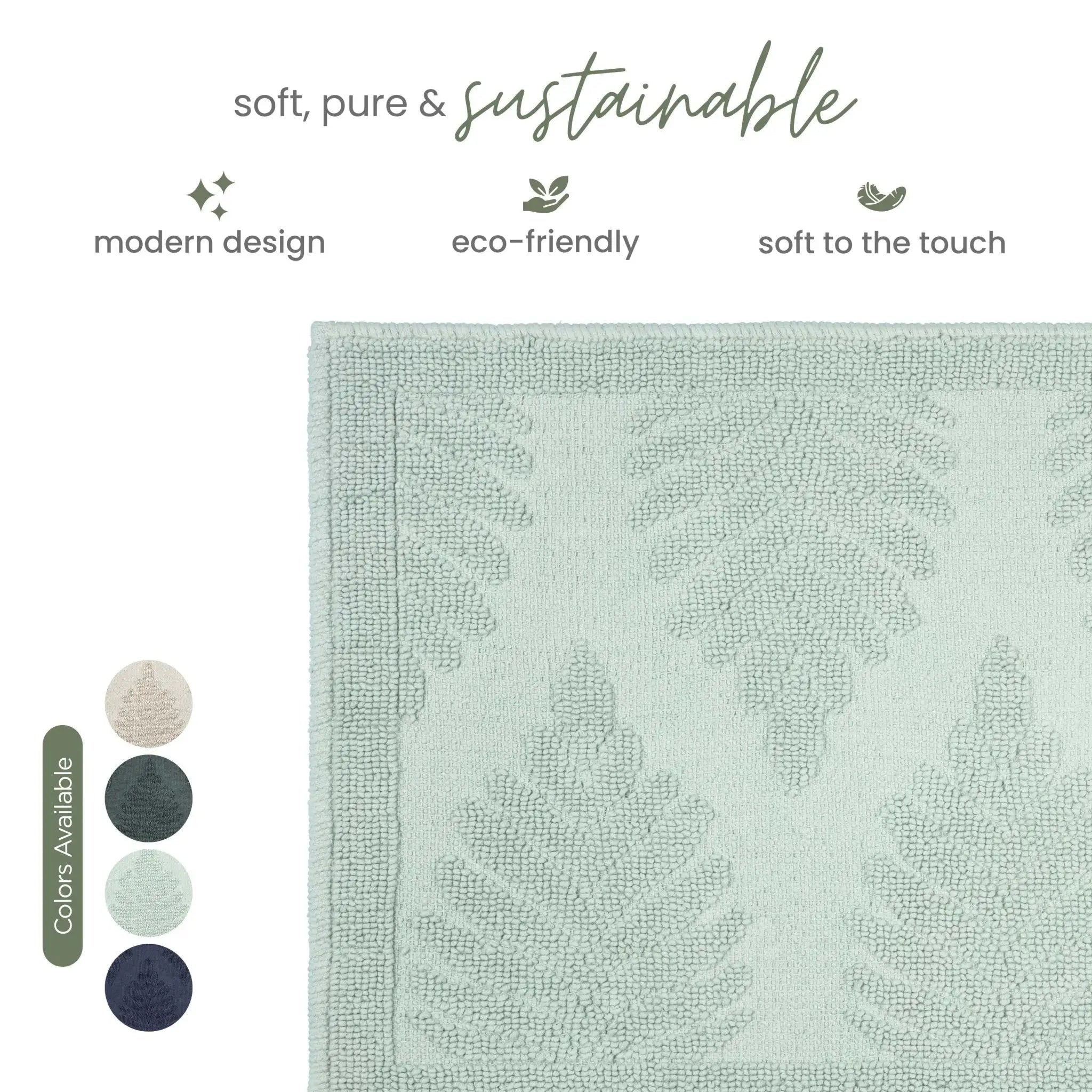 A close-up of a sage bath rug with a leaf pattern, shown on a white background with marketing text and color swatches.