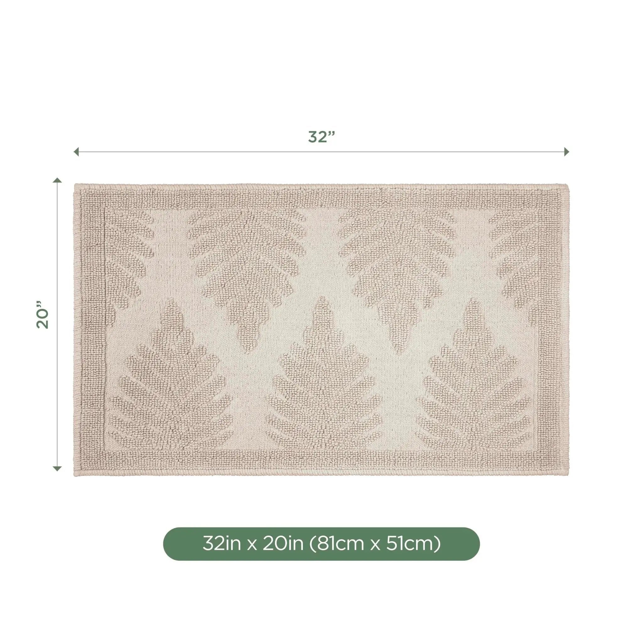 A rectangular sand color bath rug shown on a white background with dimension arrows and labels indicating 32 inches by 20 inches (81 cm by 51 cm).