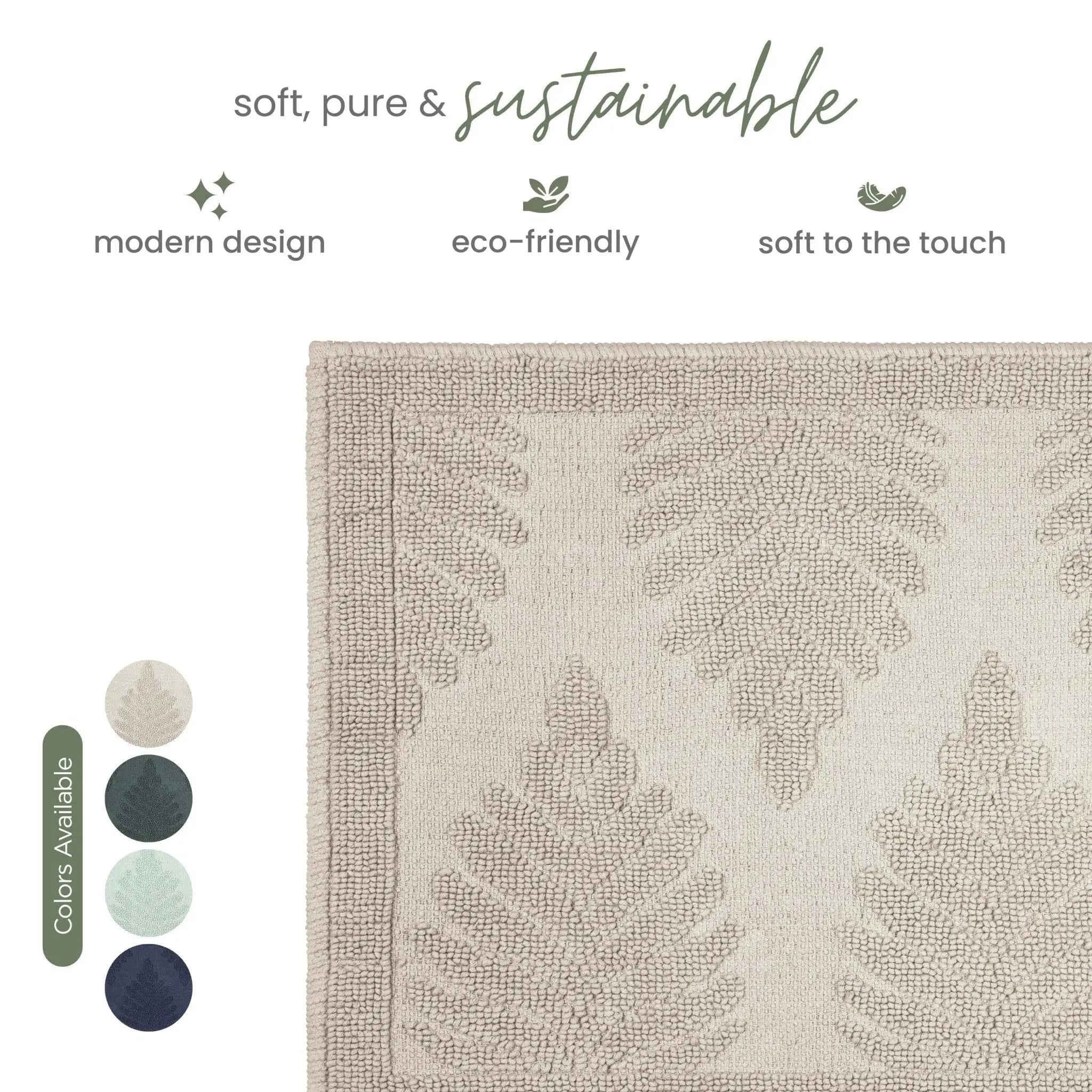A close-up of a woven bath rug with a textured leaf pattern in sand color, shown on a white background with marketing text and color swatches.