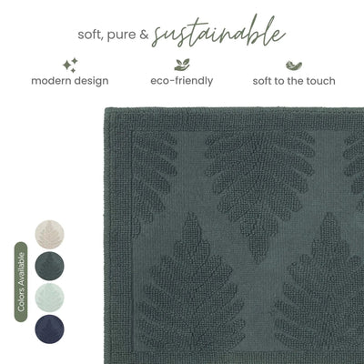 Jade textured rug with a raised leaf pattern, shown on a white background with marketing text and color swatches.