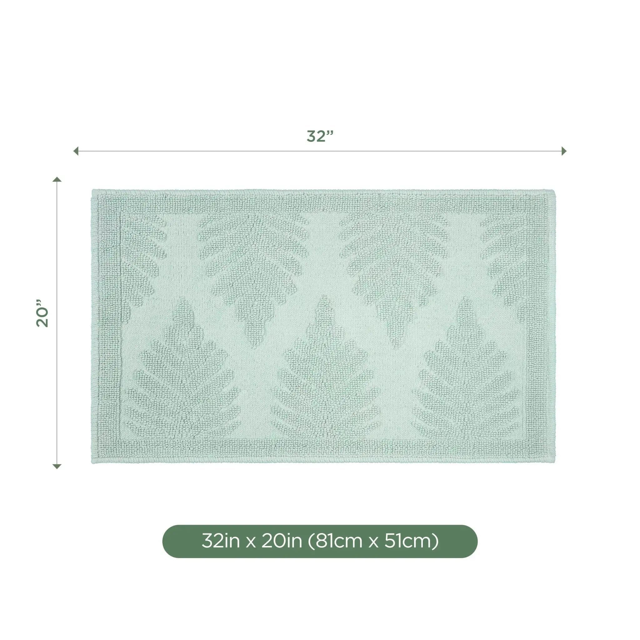 A rectangular sage bath rug shown on a white background with dimension arrows and labels indicating 32 inches by 20 inches (81 cm by 51 cm).
