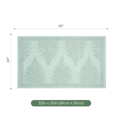 A rectangular sage bath rug shown on a white background with dimension arrows and labels indicating 32 inches by 20 inches (81 cm by 51 cm).