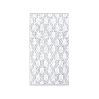 A Grey bath towel with vertical leaf pattern in white and light gray, shown flat against a solid white background.