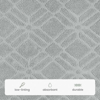 A close-up of a gray textured bath rug fabric with a repeating geometric diamond pattern, featuring a white banner at the bottom with icons and the words 'low-linting', 'absorbant', and 'durable'.