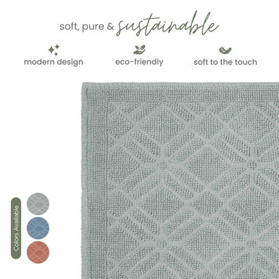 Gray textured bath rug with text highlighting features on a white background